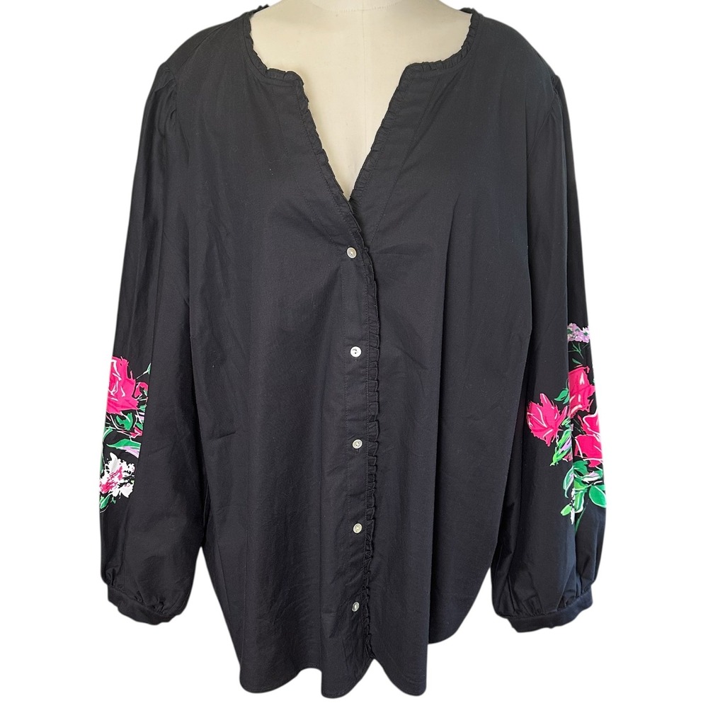 Nicole by Nicole Miller Blouse Womens 3X Black Pink‎ Floral Embroidered V-Neck